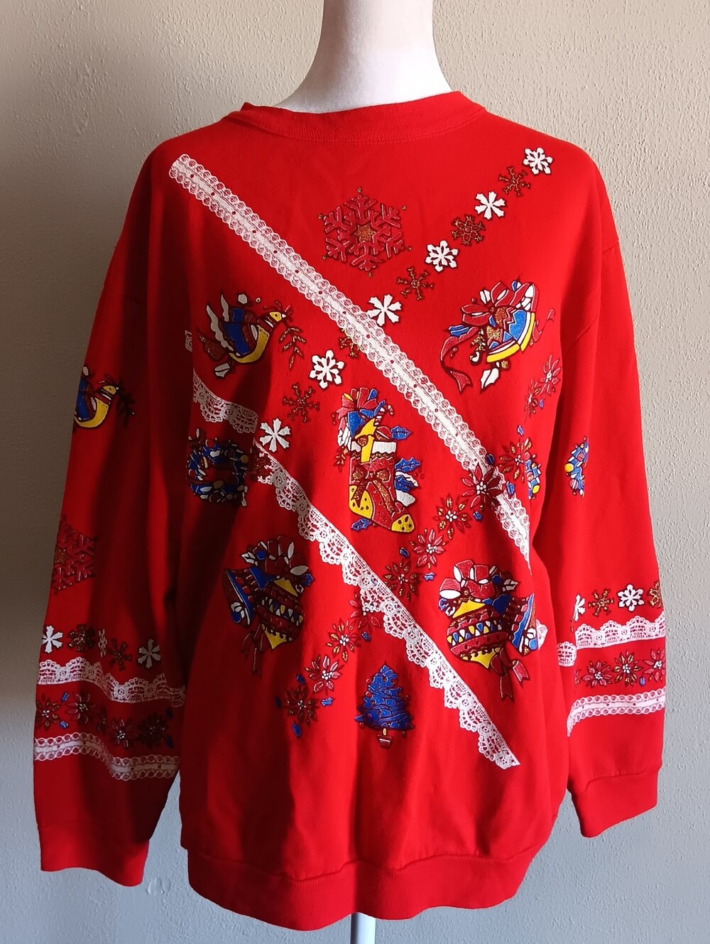 80s 90s Ugly Christmas Graphic Sweatshirt Mainstreet Large Red Holiday Crew Neck